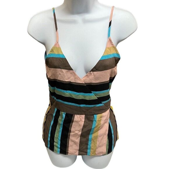 Zara Top Womens XS Brown‎ Stripe Tank Plunge Pink Blue Faux Wrap Plunge V Neck - Picture 1 of 11